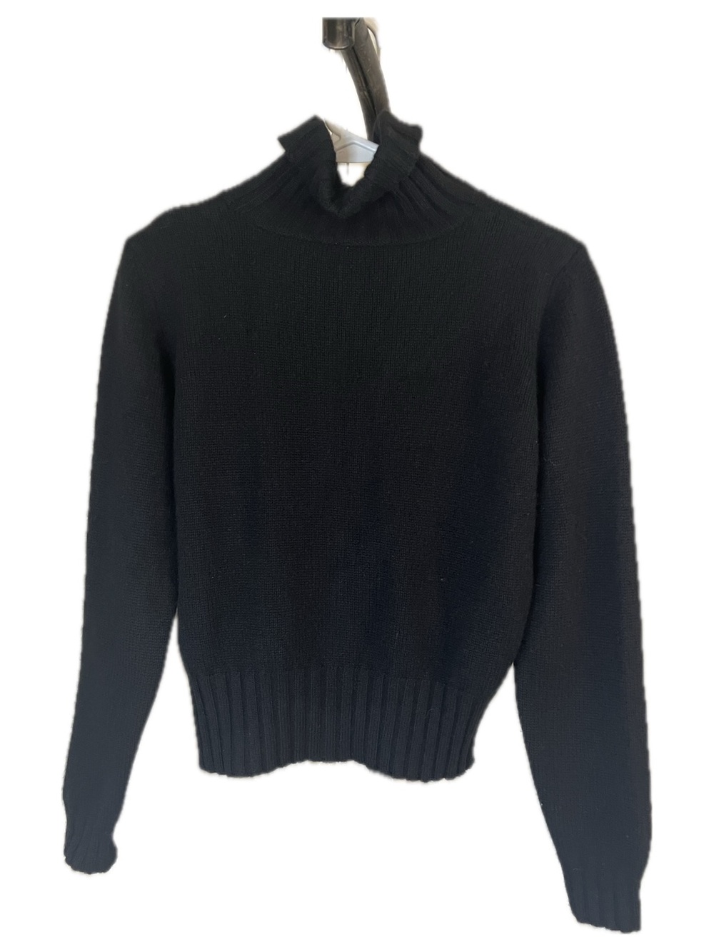 Eric Bompard Women's Cashmere Black Crop Classic  Turtleneck Ribbed Hem Sweater